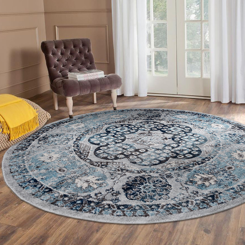 6' Gray and Blue Medallion Power Loom Round Rug