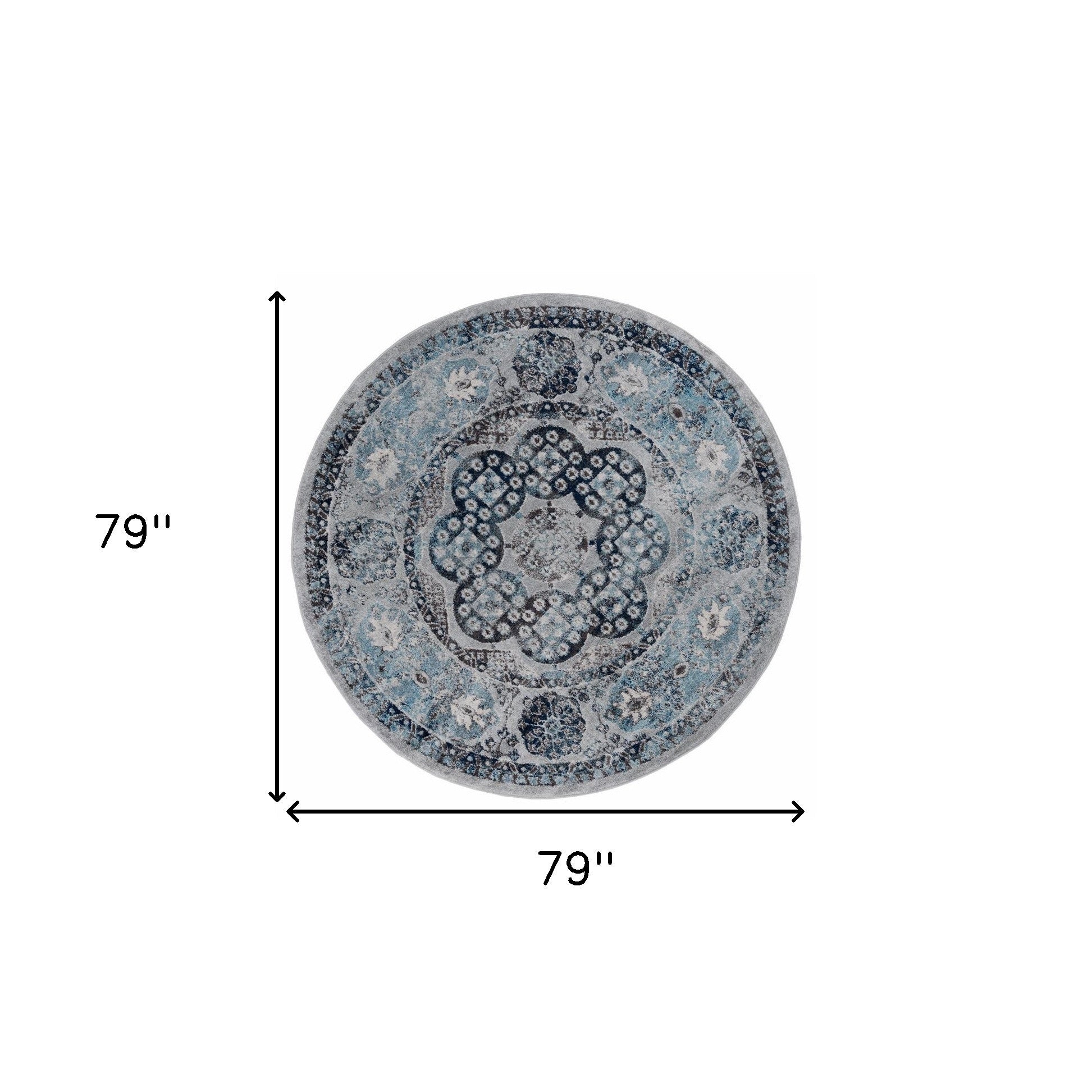 6' Gray and Blue Medallion Power Loom Round Rug