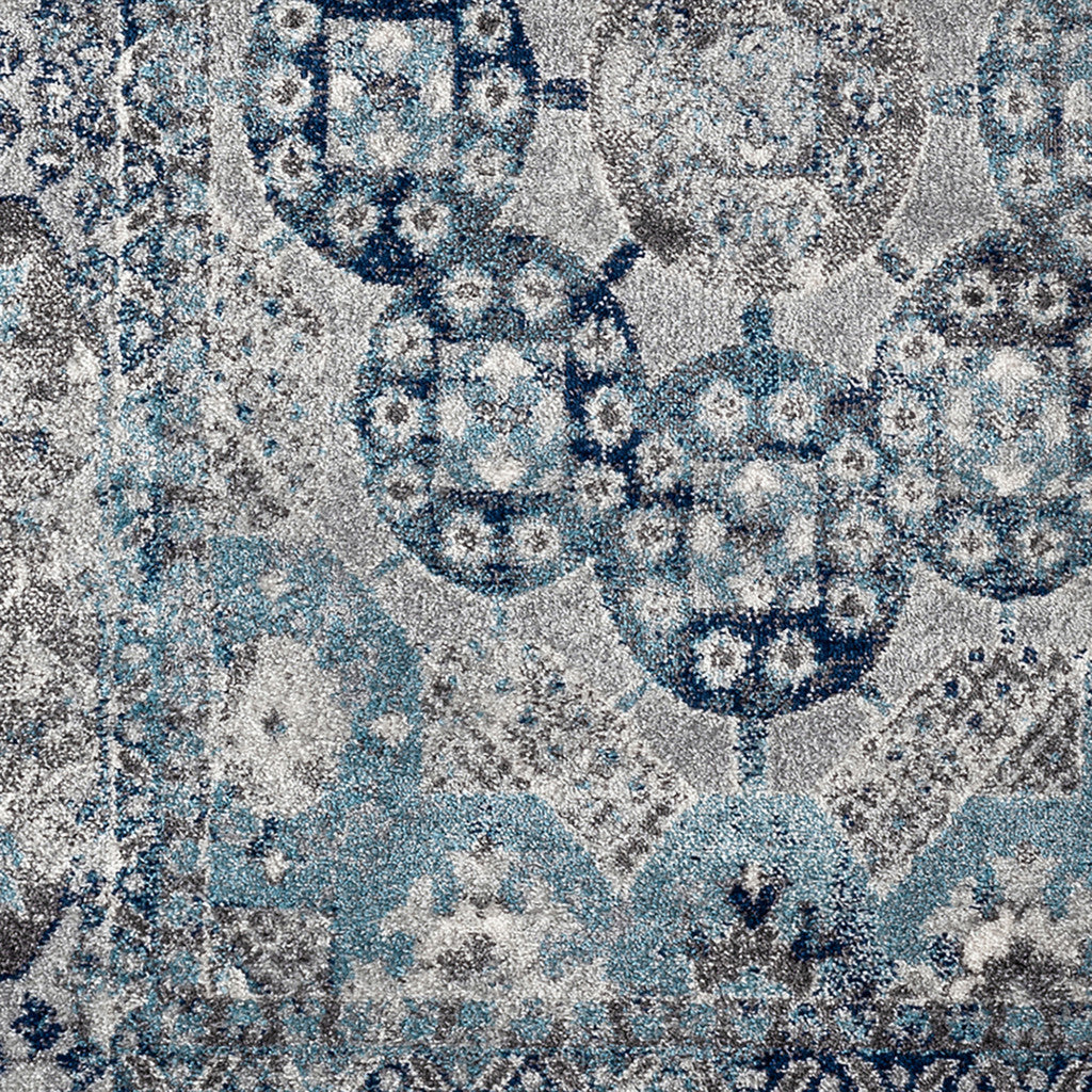 6' Gray and Blue Medallion Power Loom Round Rug