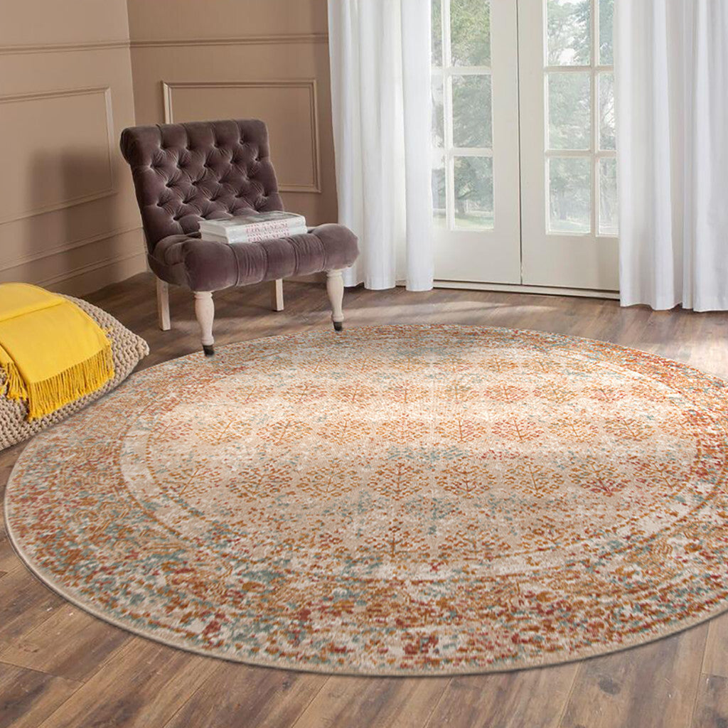 6' Beige and Orange Southwestern Power Loom Round Rug