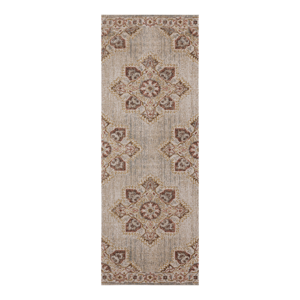 7' Beige and Rust Medallion Power Loom Runner Rug