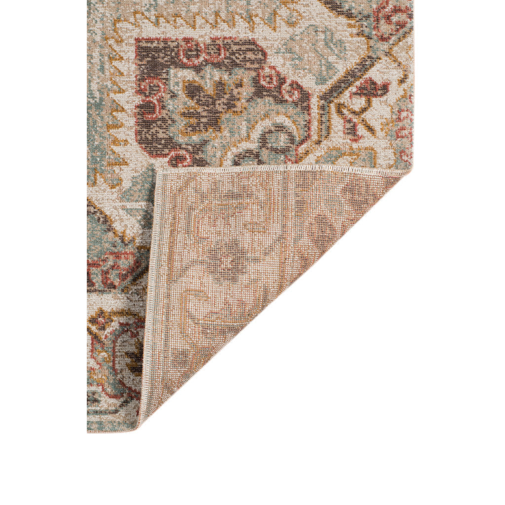 7' Beige and Rust Medallion Power Loom Runner Rug