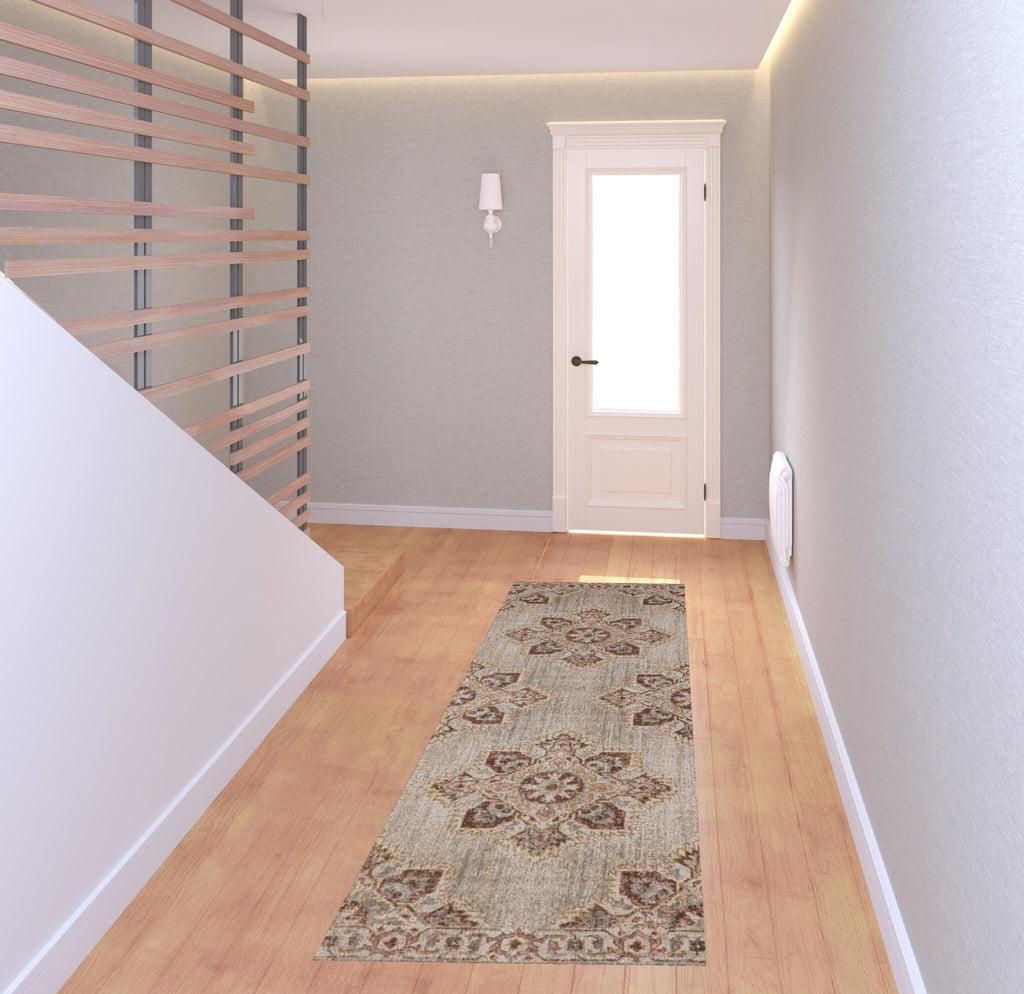 7' Beige and Rust Medallion Power Loom Runner Rug