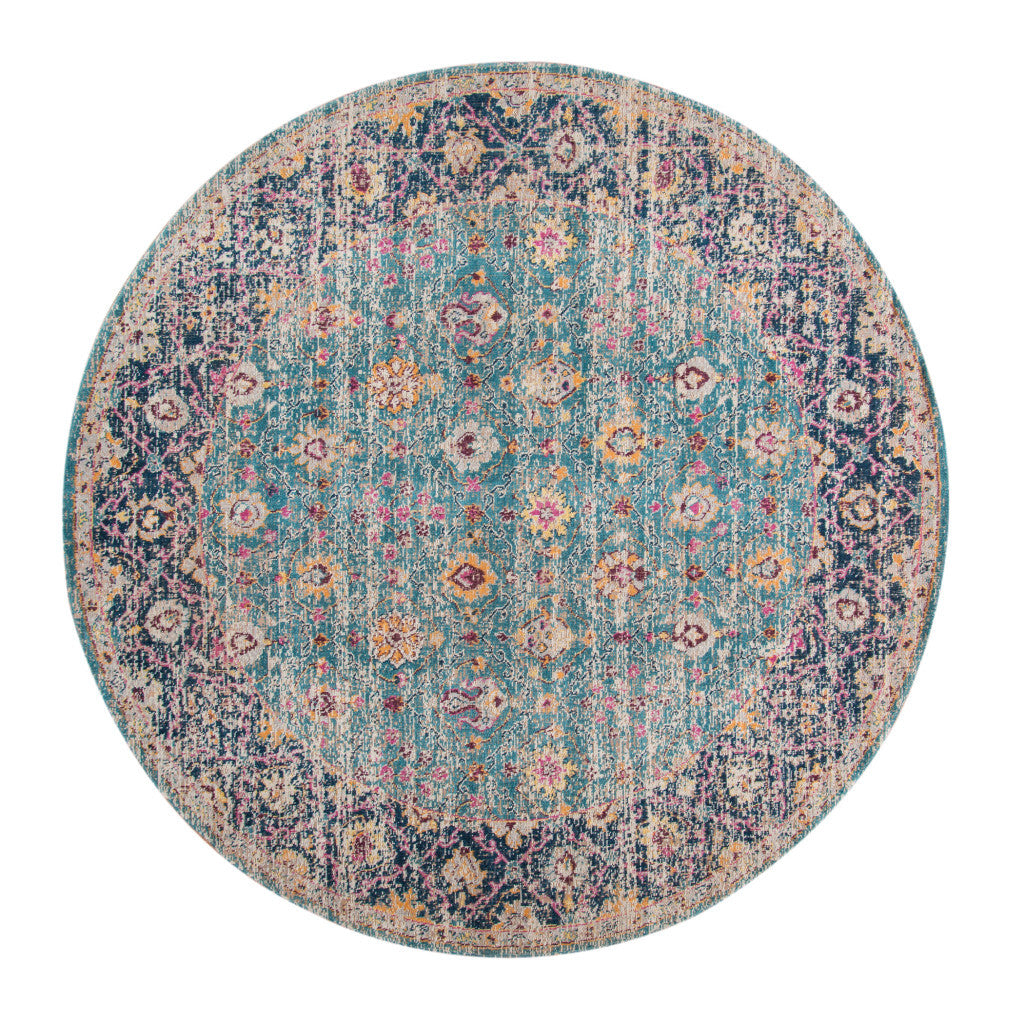 6' Teal Navy and Orange Floral Power Loom Worn Faded Round Rug