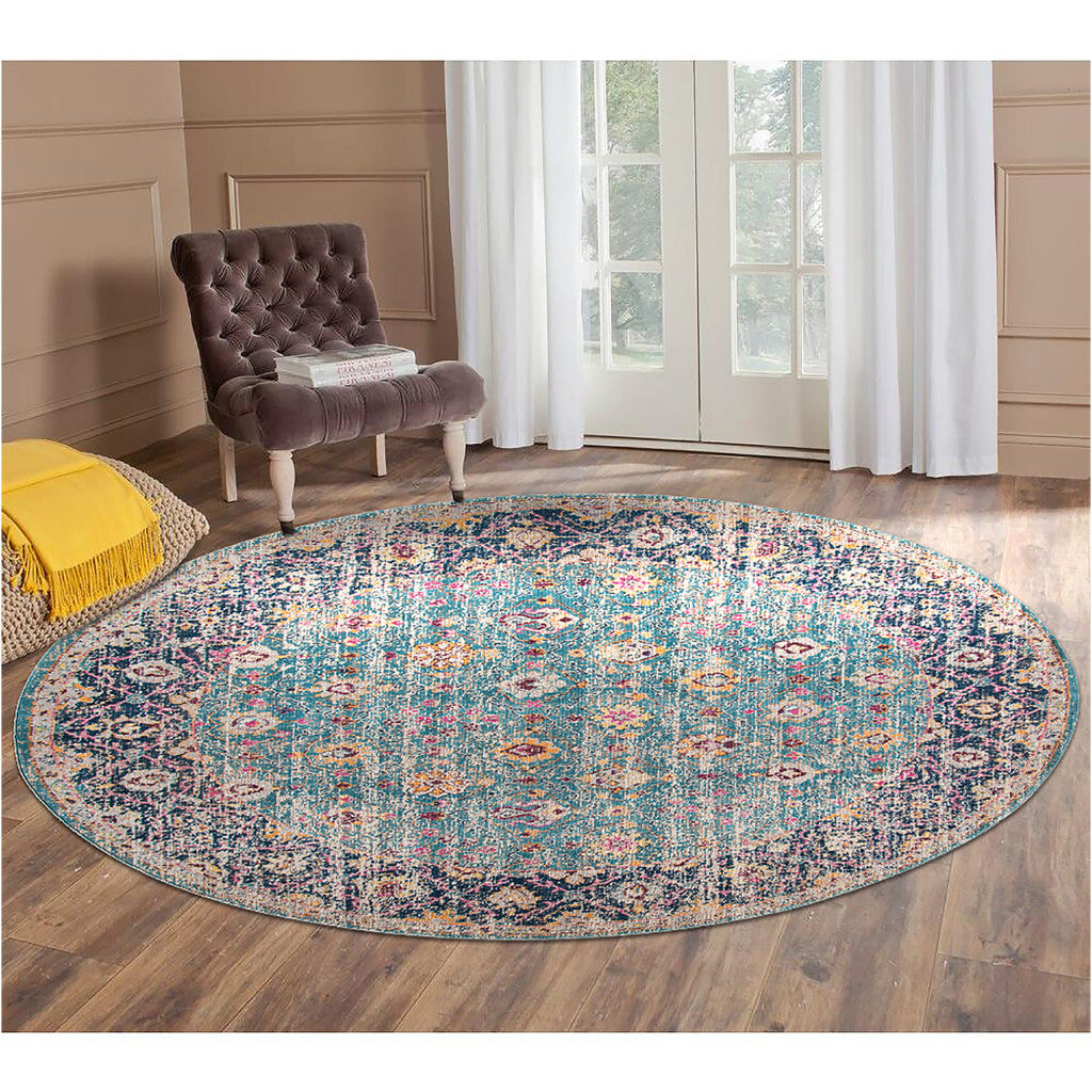 6' Teal Navy and Orange Floral Power Loom Worn Faded Round Rug