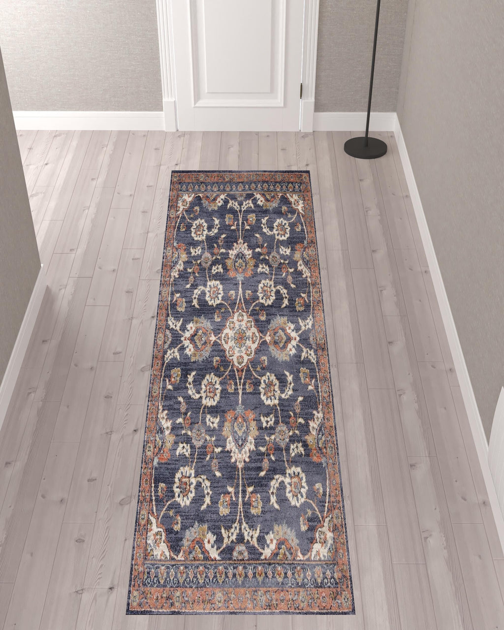 10' Ivory Navy and Orange Floral Power Loom Runner Rug