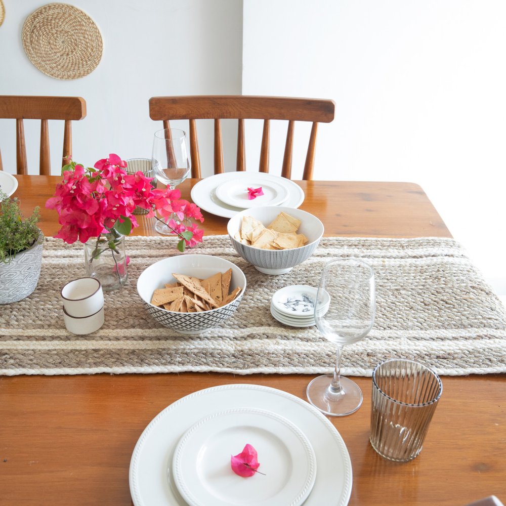 80" Natural And Cream Geometric Bordered Jute Table Runner