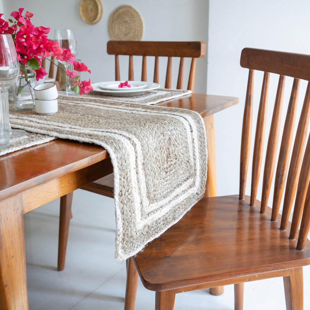 80" Natural And Cream Geometric Bordered Jute Table Runner