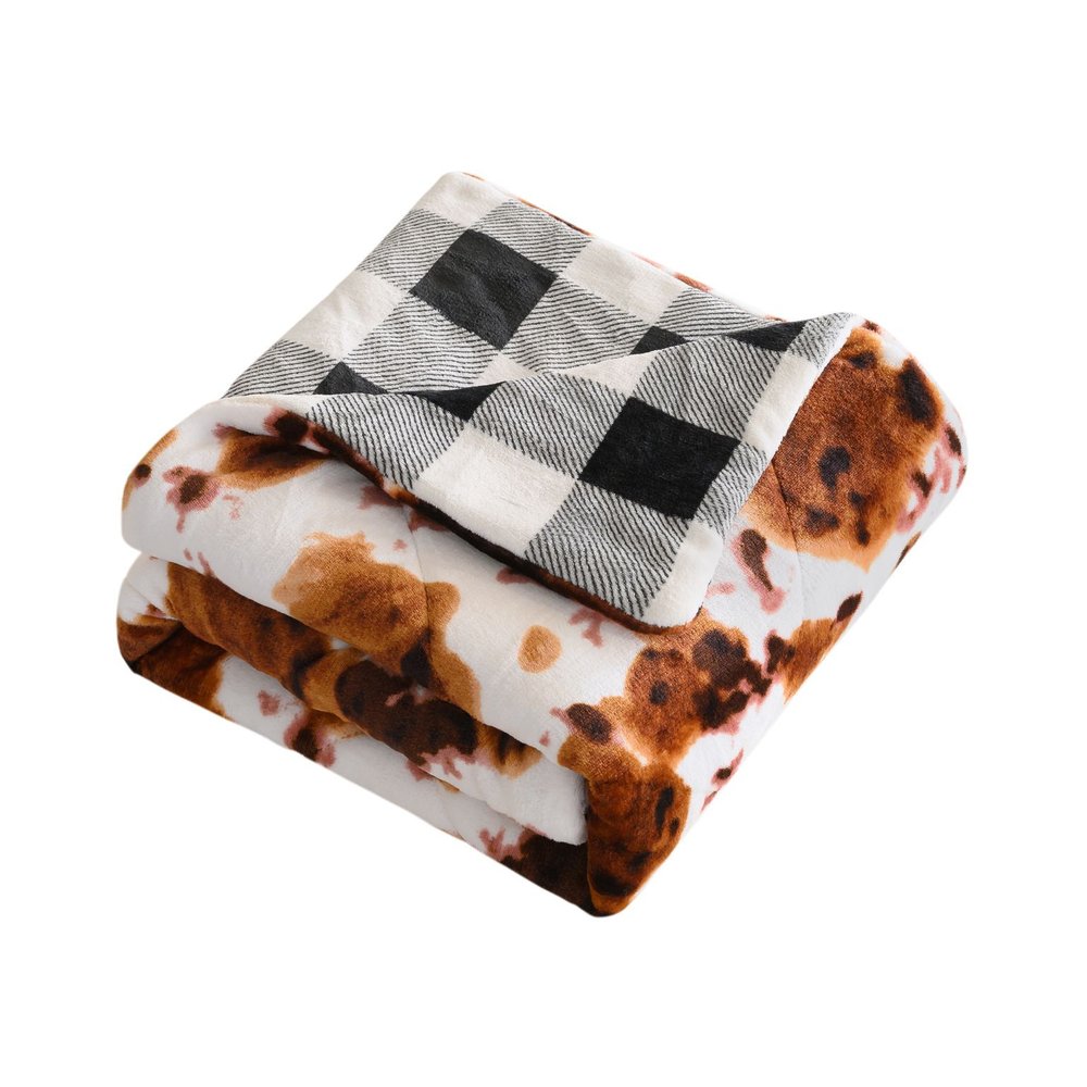 50" X 60" Brown and White Velvet Quilted Animal Print Plush Throw Blanket