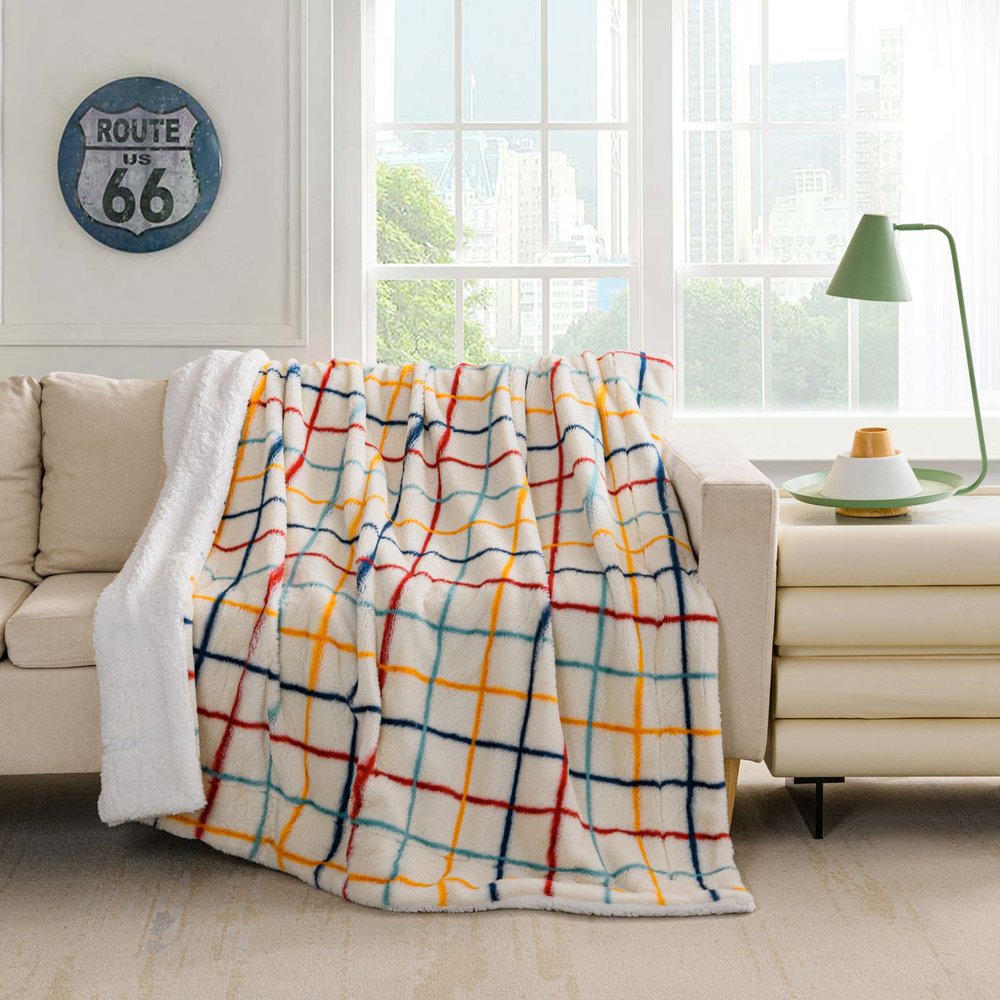 50" X 60" White Yellow and Green Faux Fur Geometric Plush Throw Blanket
