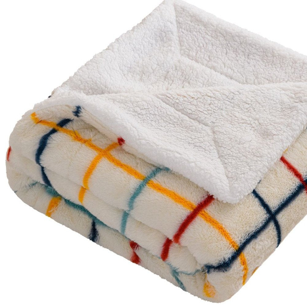 50" X 60" White Yellow and Green Faux Fur Geometric Plush Throw Blanket