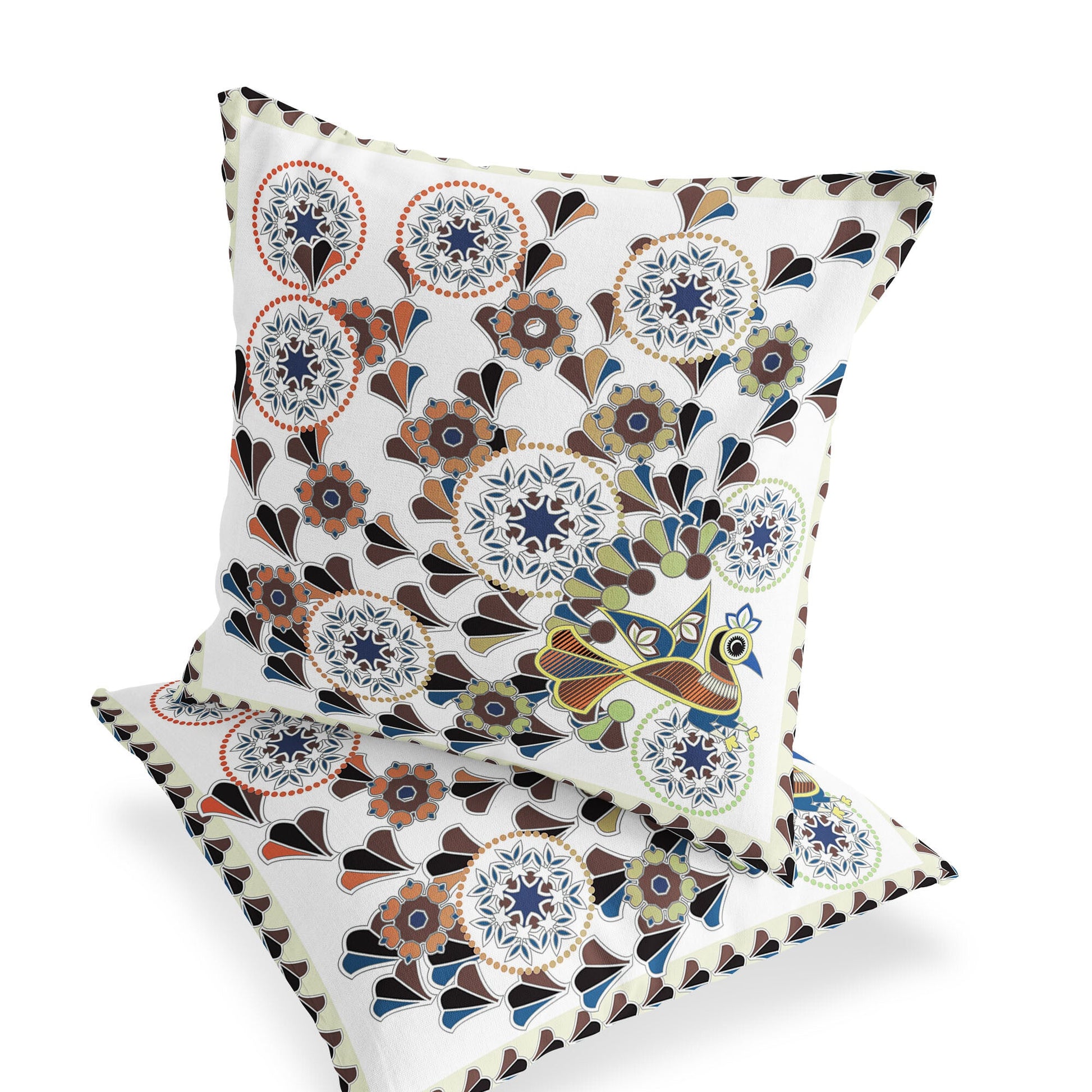 Set of Two 16" X 16" Blue and Off White Peacock Blown Seam Floral Indoor Outdoor Throw Pillow