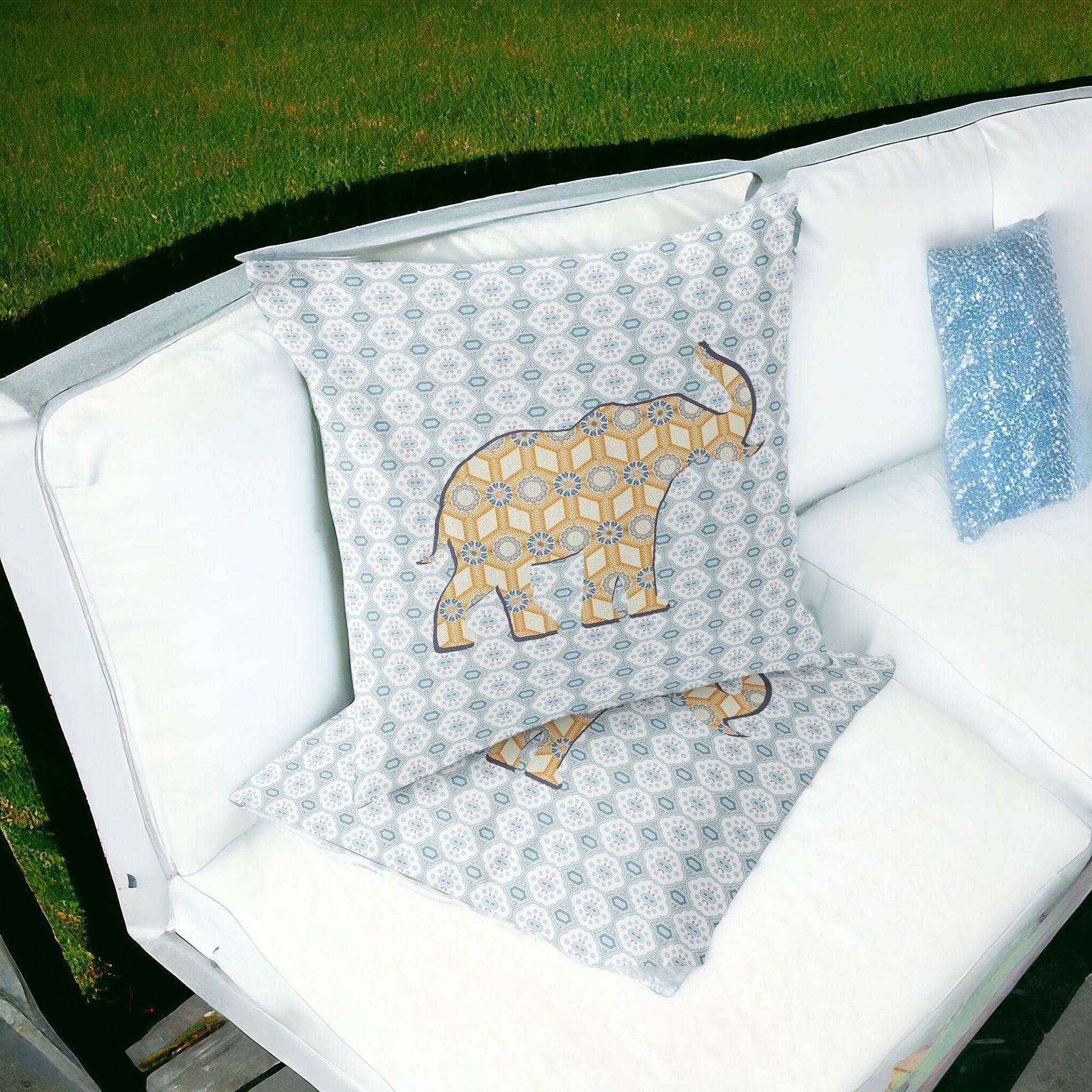 Set of Two 16" X 16" Blue and Yellow Elephant Eclectic Indoor Outdoor Throw Pillow