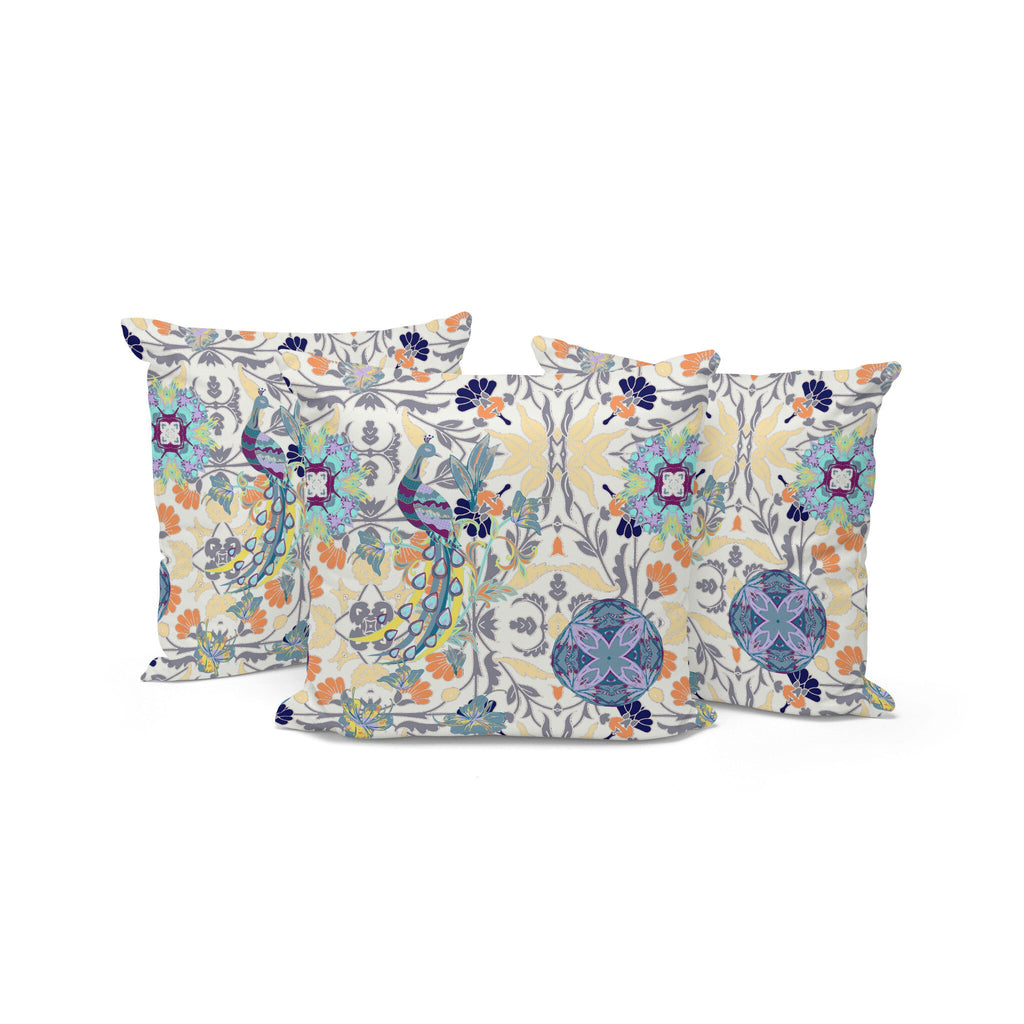 Set of Three 16" X 16" Yellow and White Peacock Eclectic Indoor Outdoor Throw Pillow