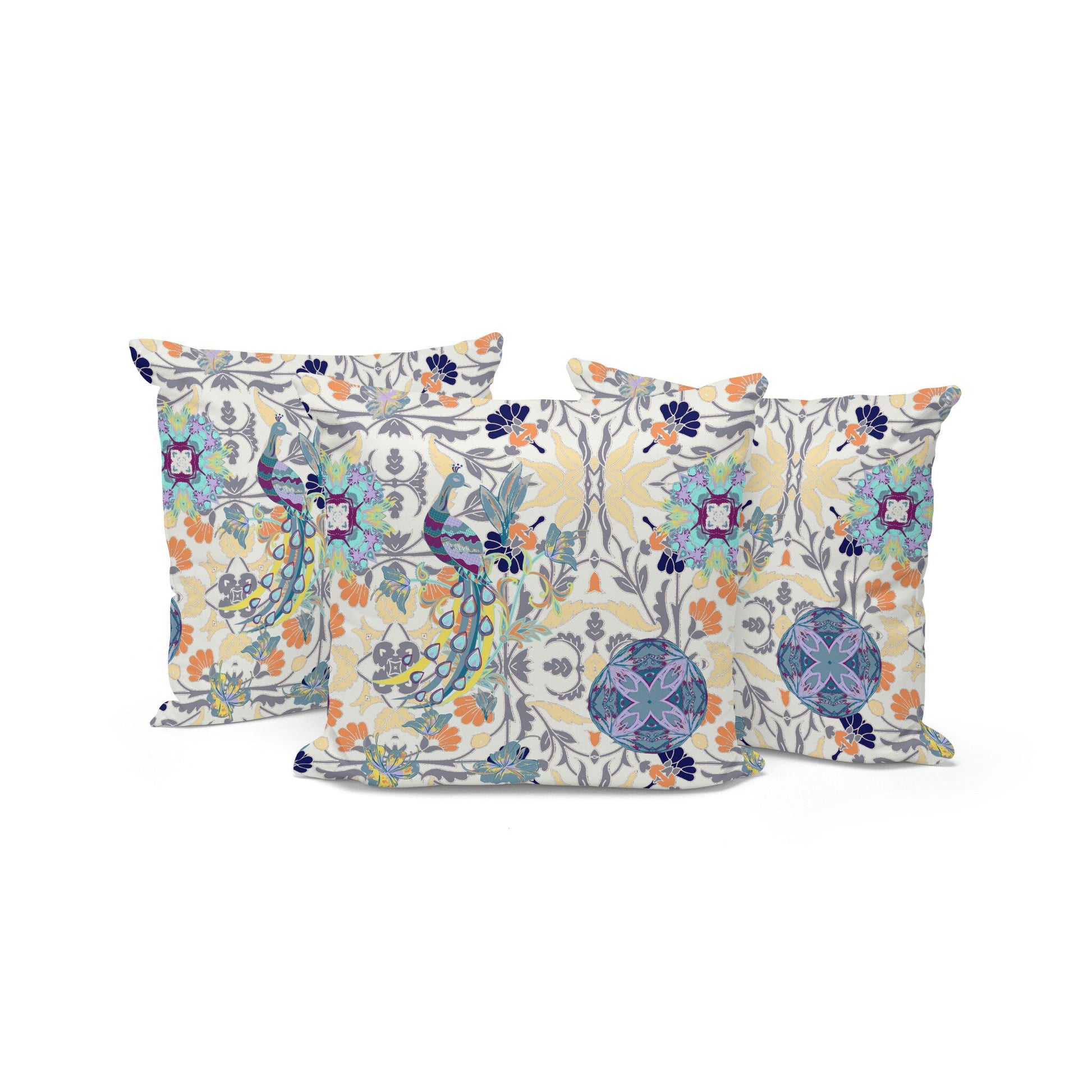 Set of Three 16" X 16" Yellow and White Peacock Eclectic Indoor Outdoor Throw Pillow