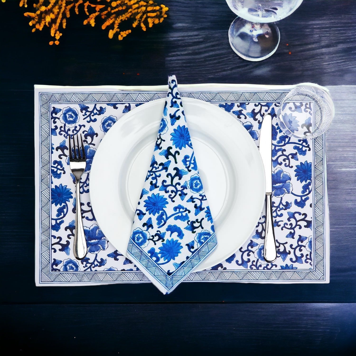 Chinoiserie Placemats Set Of 4 - Elegant Asian Floral Vinyl Placemats, Easy