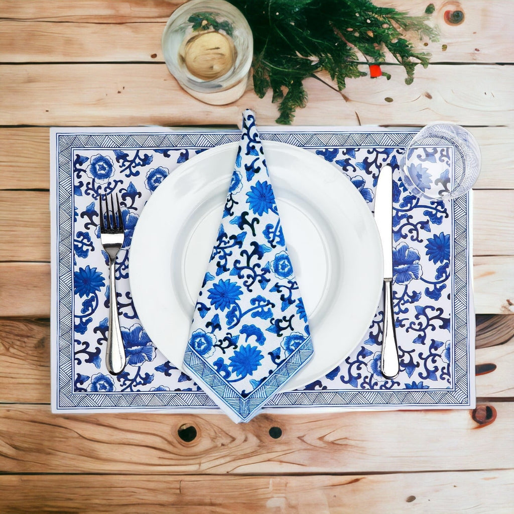 Chinoiserie Placemats Set Of 4 - Elegant Asian Floral Vinyl Placemats, Easy