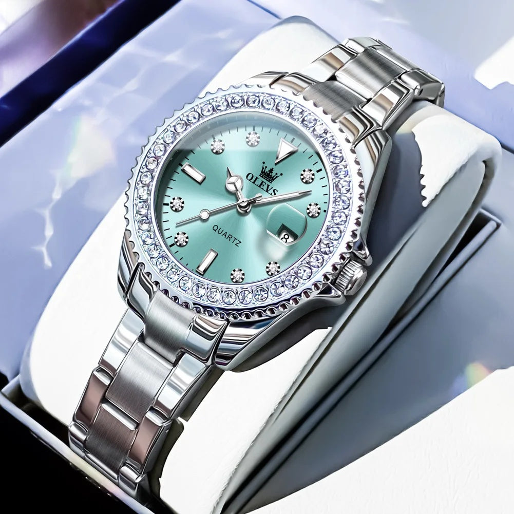 Women's Sunray Dial Zircon Bezel Steel Quartz Watch