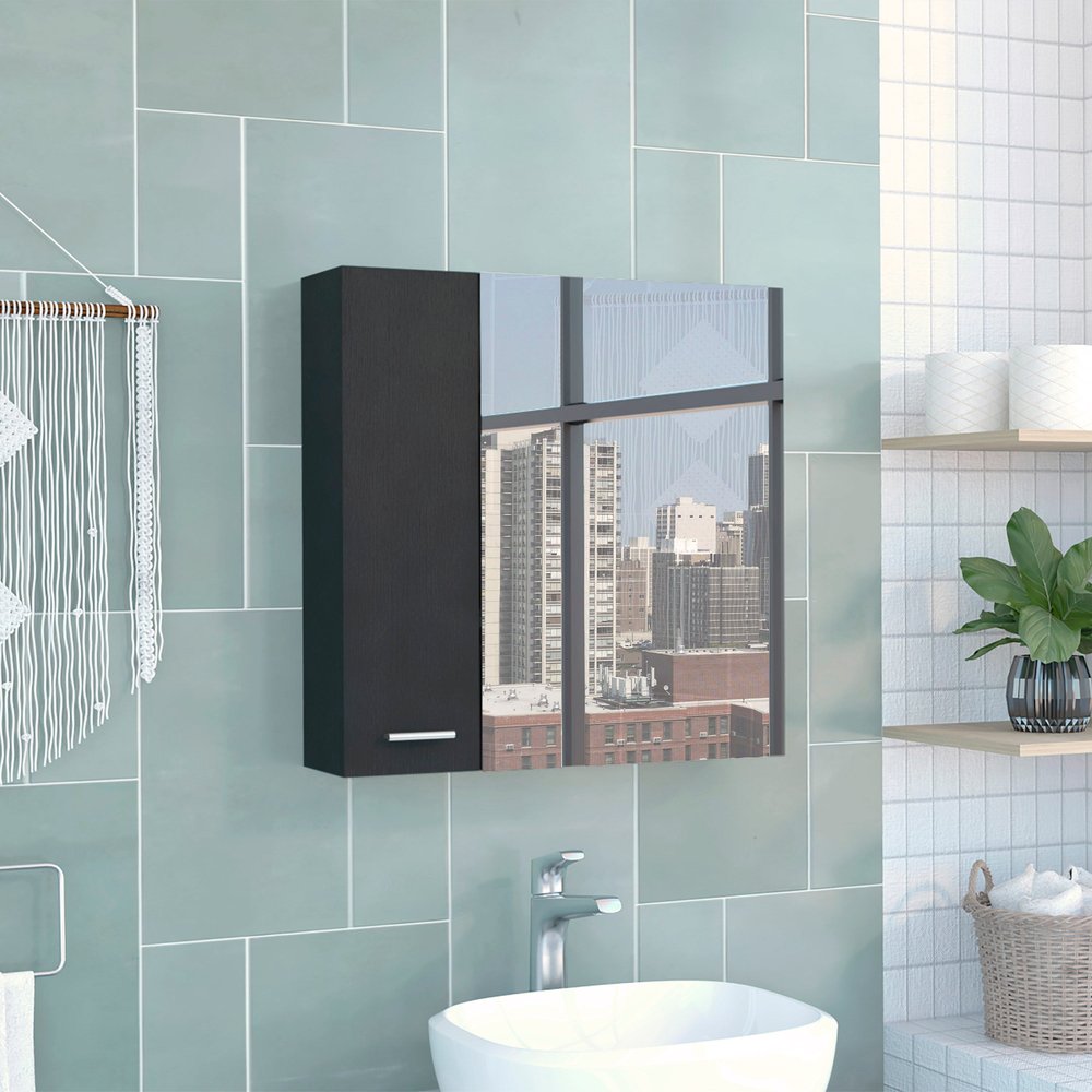 24" Black Wood Floating Single Door Bathroom Vanity And Medicine Cabinet With Mirror
