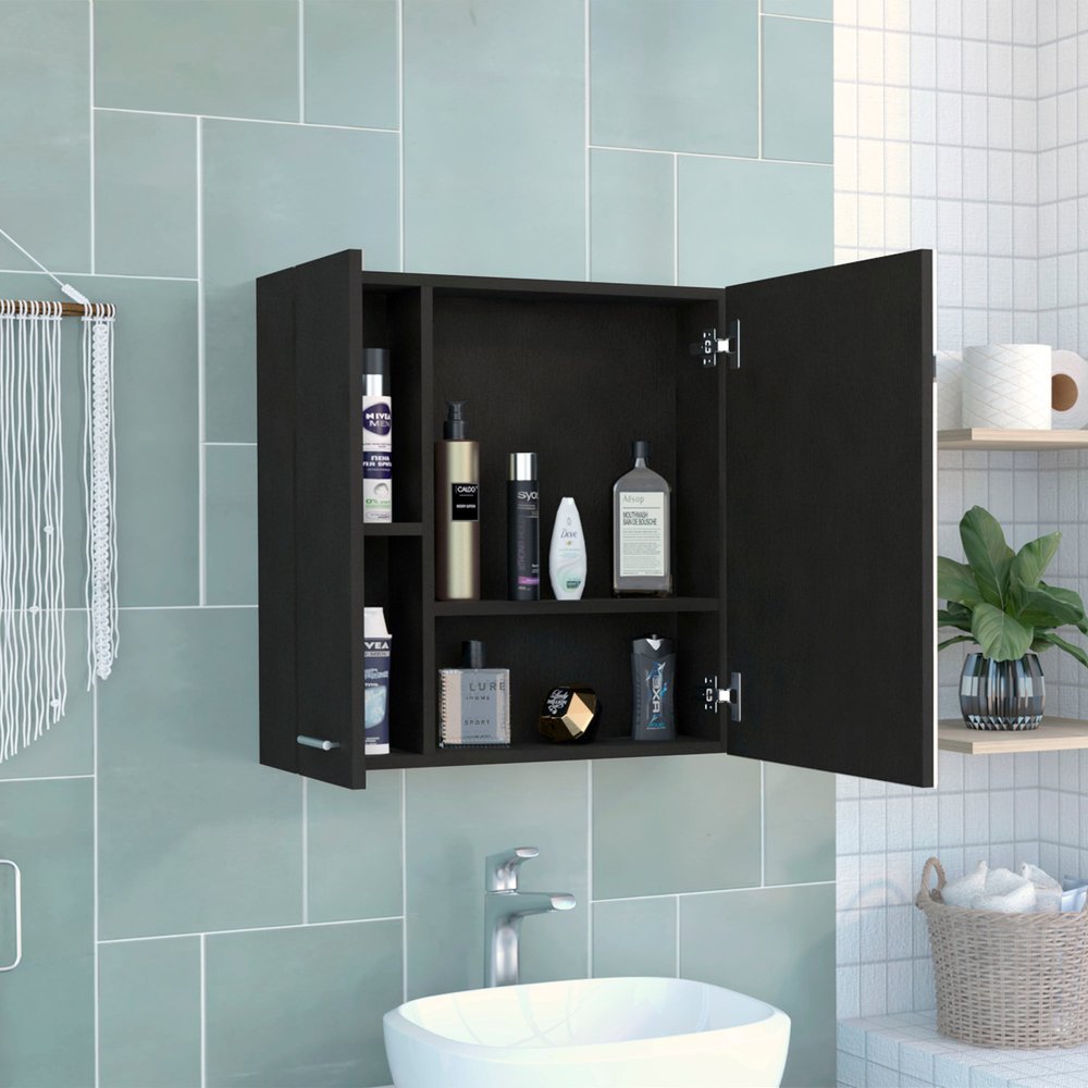 24" Black Wood Floating Single Door Bathroom Vanity And Medicine Cabinet With Mirror
