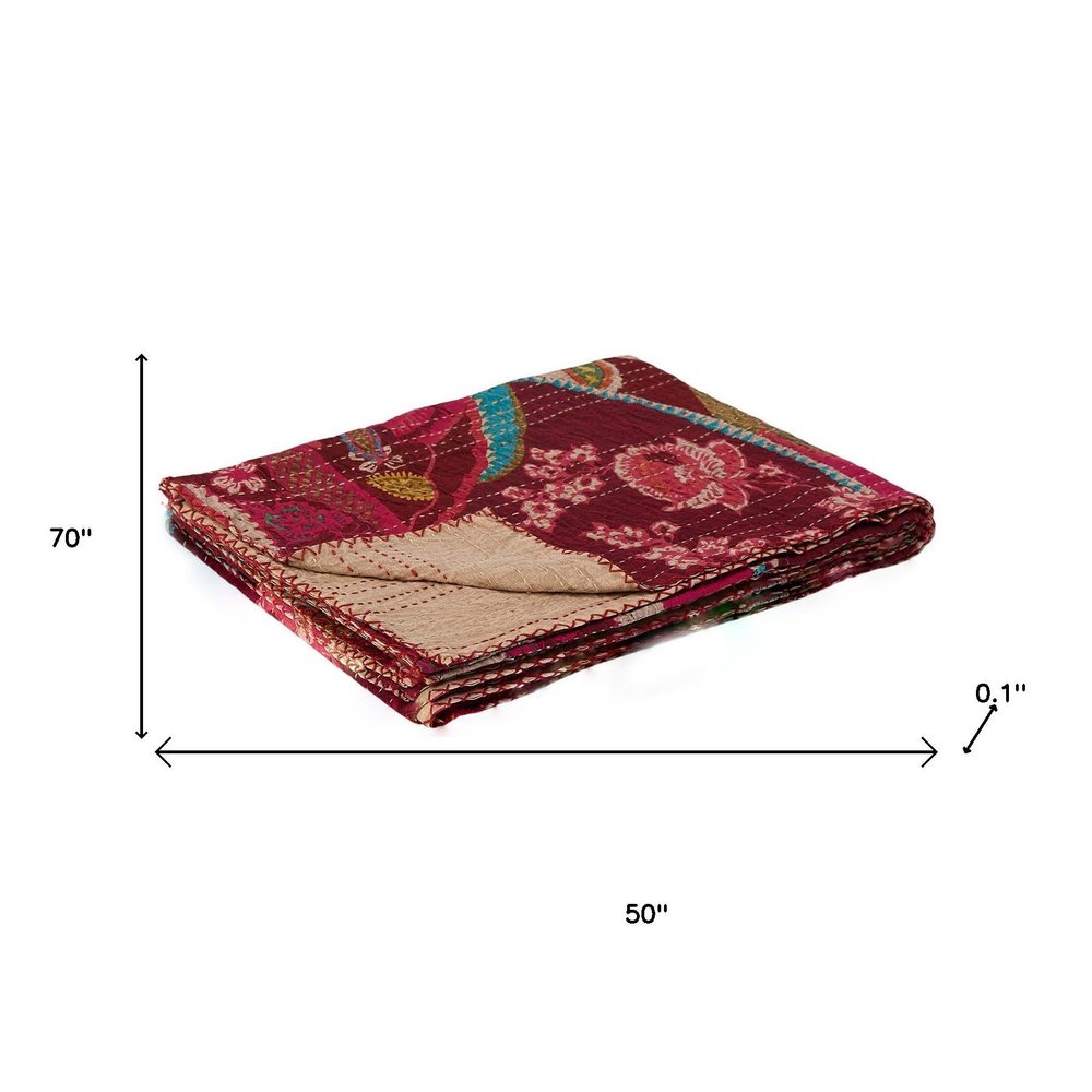 50" X 70" Red Floral Cotton Quilted Kantha Throw Blanket with Embroidery