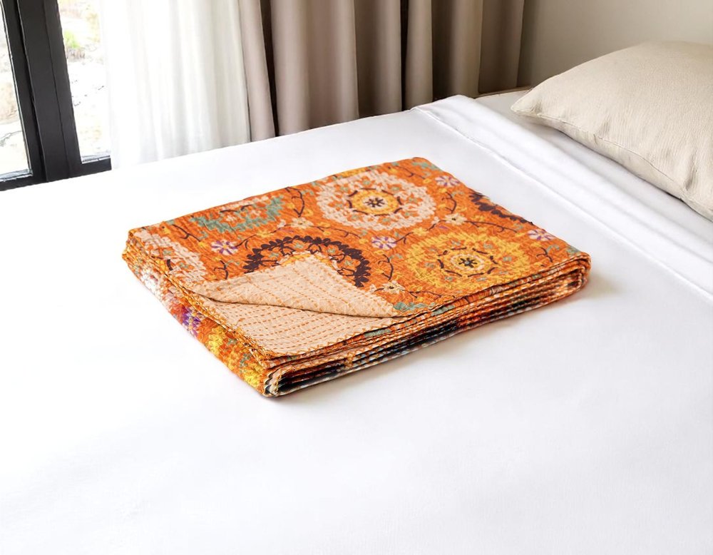 50" X 70" Red Floral Cotton Quilted Kantha Throw Blanket with Embroidery