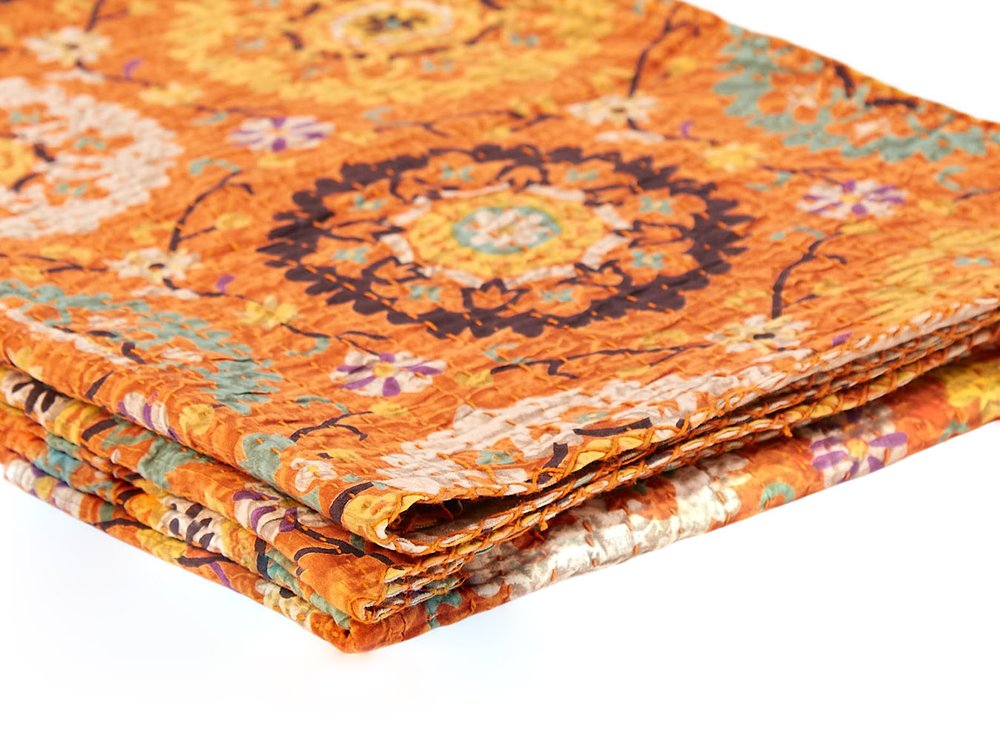 50" X 70" Red Floral Cotton Quilted Kantha Throw Blanket with Embroidery