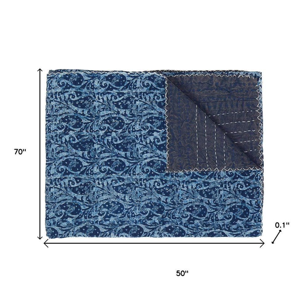 50" X 70" Blue Paisley Cotton Quilted Kantha Throw Blanket with Embroidery