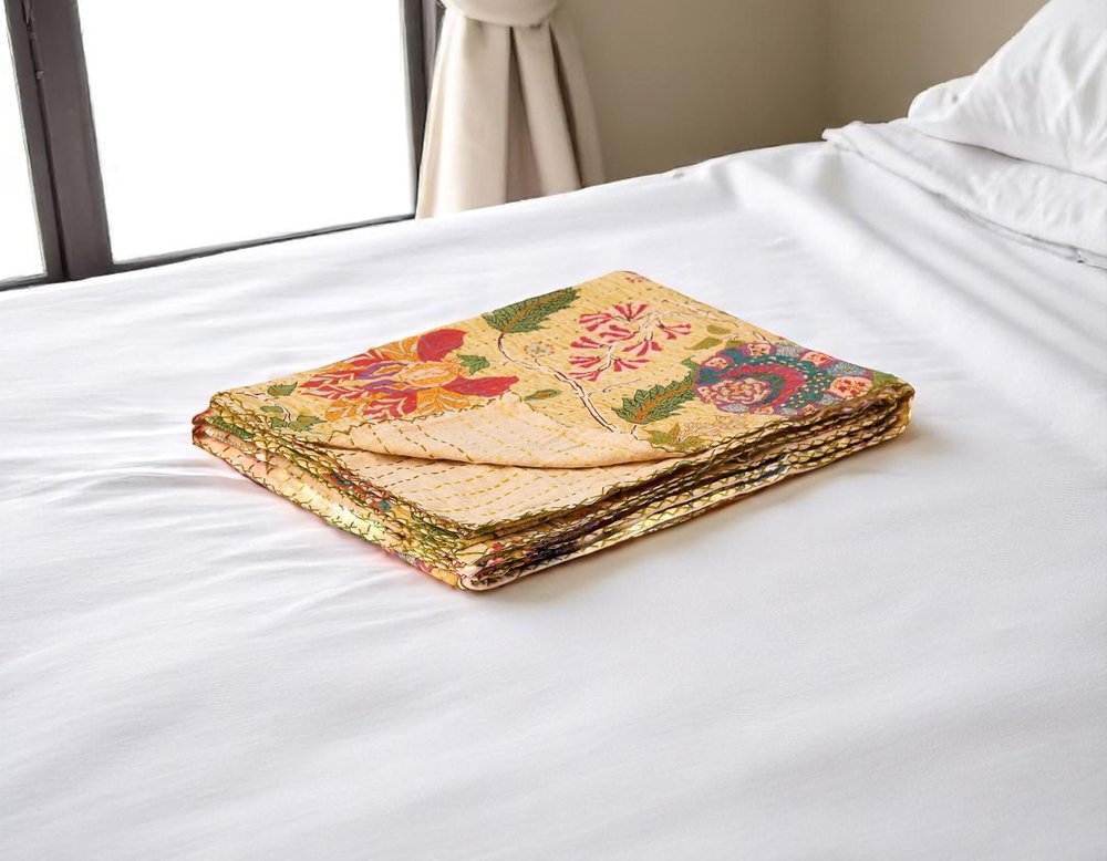 50" X 70" Red Floral Cotton Quilted Kantha Throw Blanket with Embroidery
