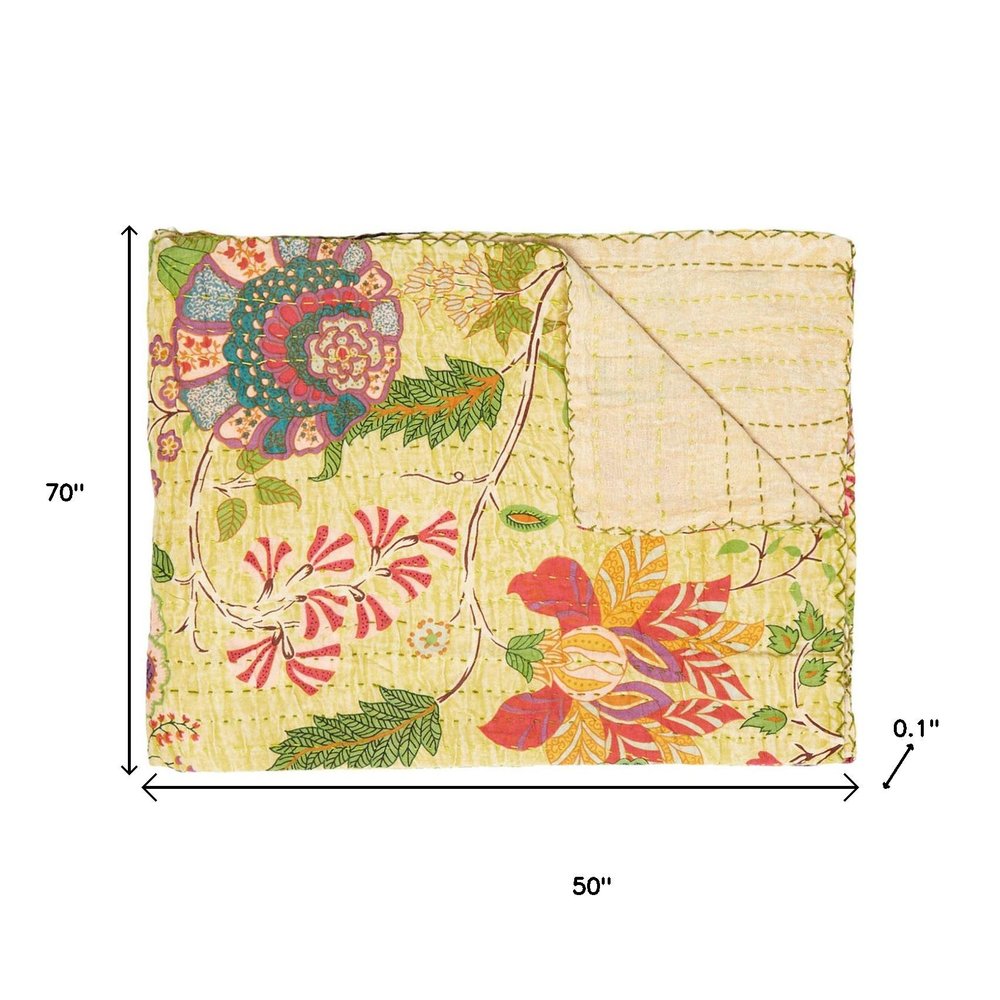 50" X 70" Red Floral Cotton Quilted Kantha Throw Blanket with Embroidery