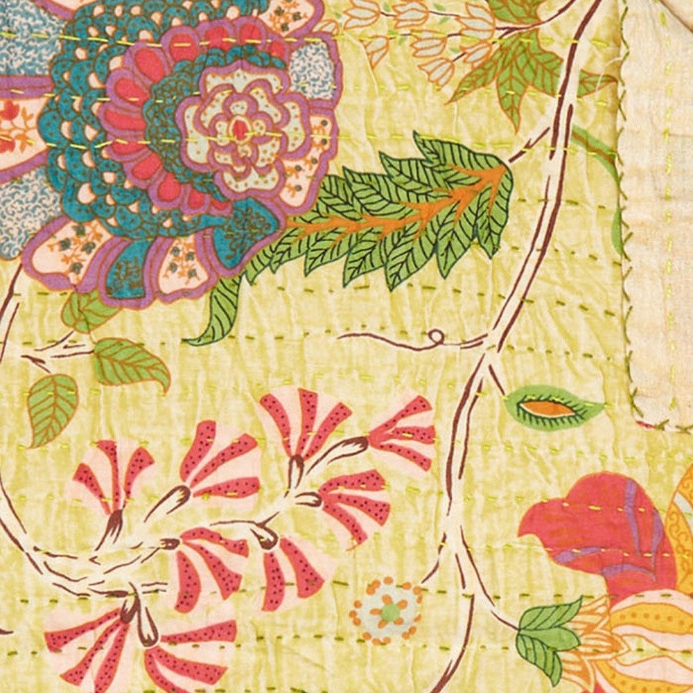 50" X 70" Red Floral Cotton Quilted Kantha Throw Blanket with Embroidery