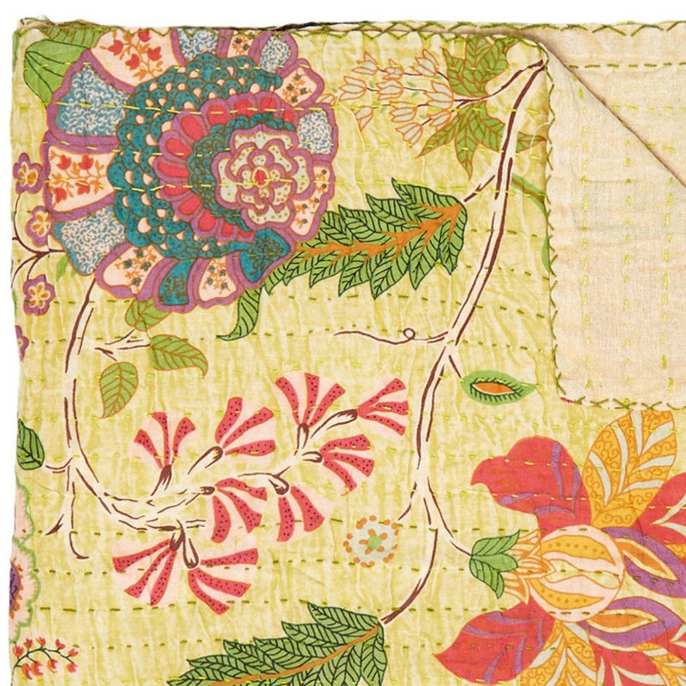 50" X 70" Red Floral Cotton Quilted Kantha Throw Blanket with Embroidery