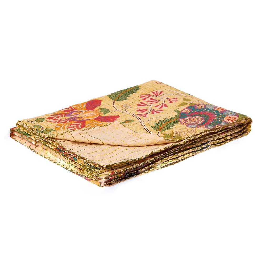 50" X 70" Red Floral Cotton Quilted Kantha Throw Blanket with Embroidery