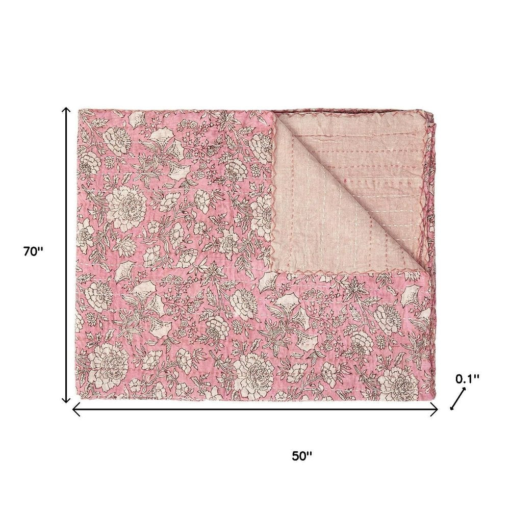 50" X 70" Pink And Blush Floral Cotton Quilted Kantha Throw Blanket with Embroidery