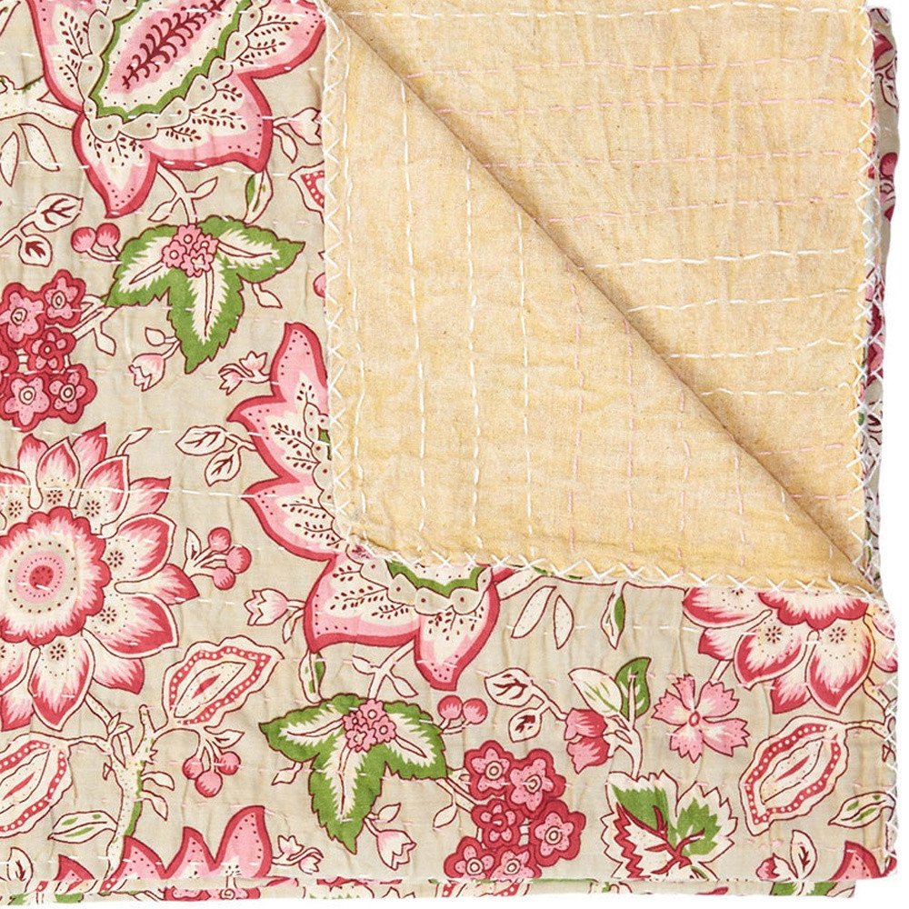 50" X 70" Pink And Blush Floral Cotton Quilted Kantha Throw Blanket with Embroidery