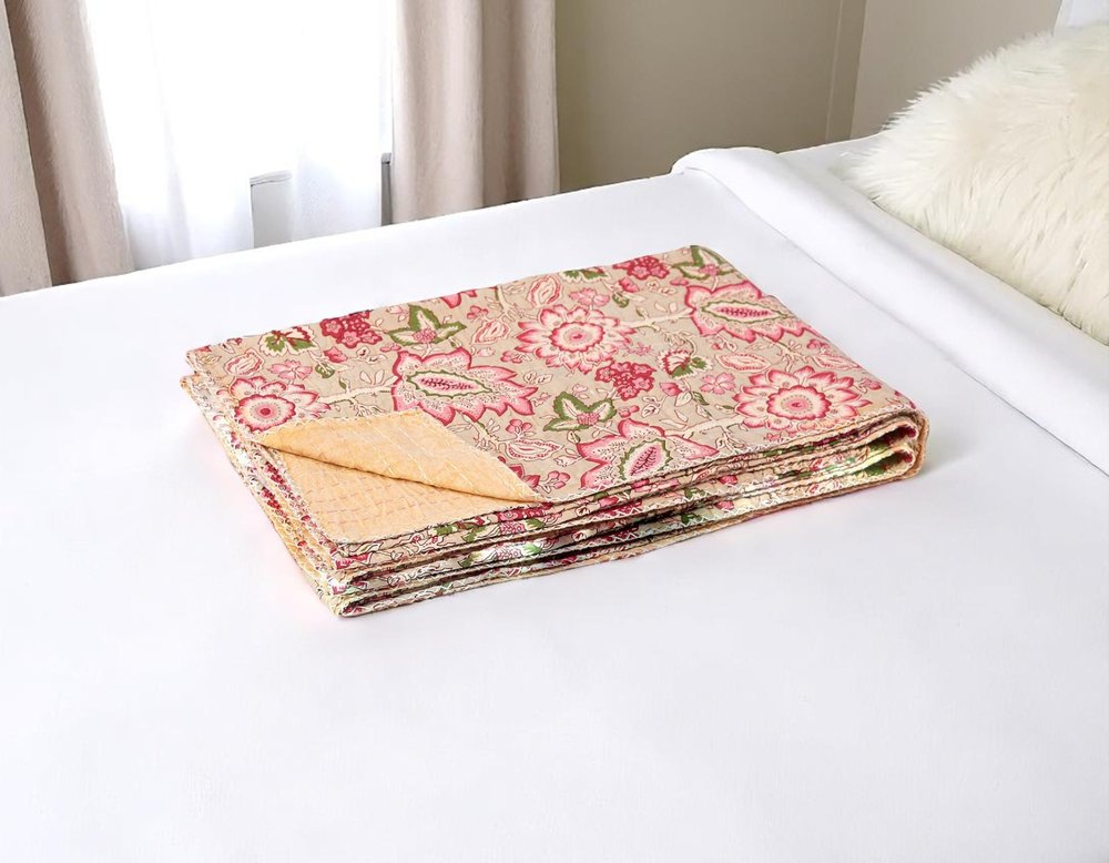 50" X 70" Pink And Blush Floral Cotton Quilted Kantha Throw Blanket with Embroidery