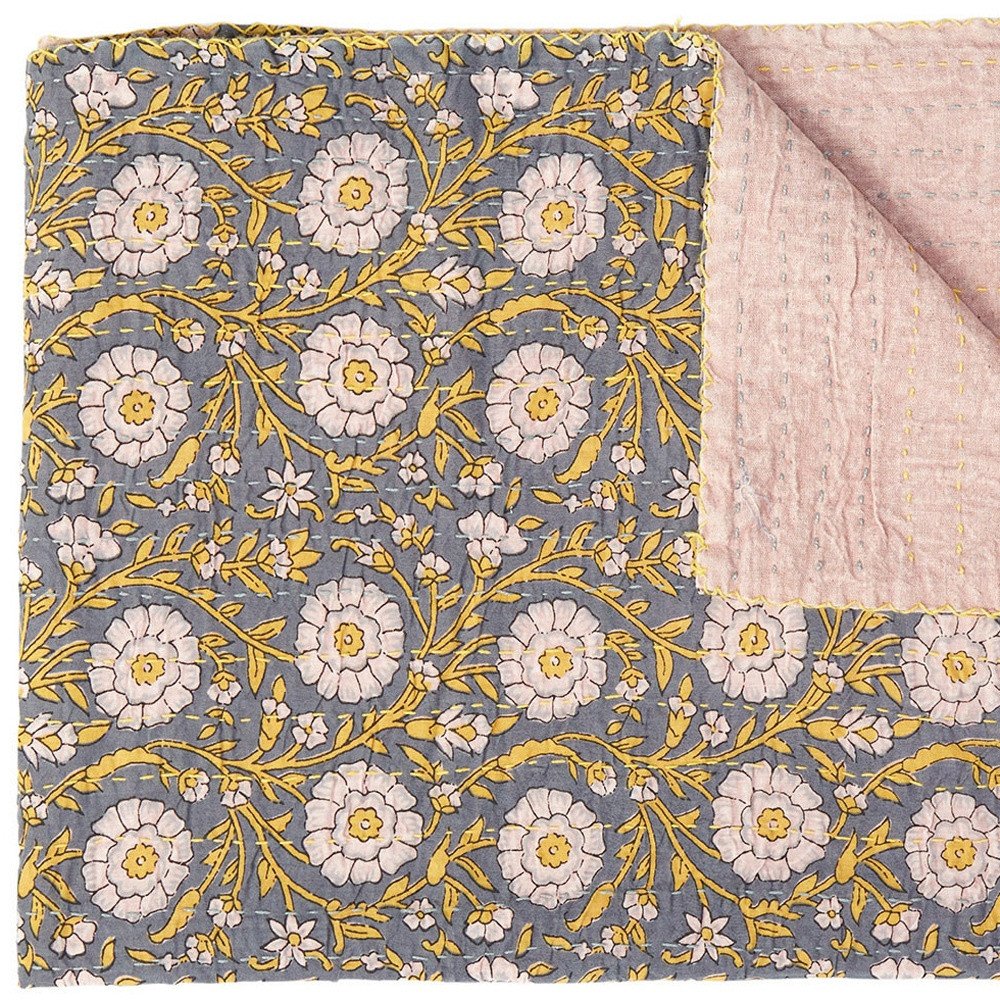 50" X 70" Gray And Yellow Floral Cotton Quilted Kantha Throw Blanket with Embroidery