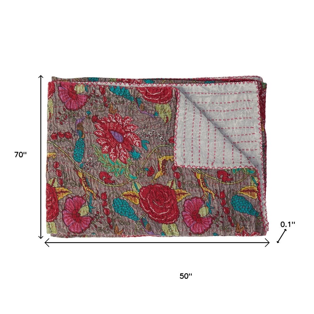 50" X 70" Gray And Yellow Floral Cotton Quilted Kantha Throw Blanket with Embroidery