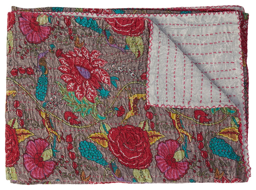 50" X 70" Gray And Yellow Floral Cotton Quilted Kantha Throw Blanket with Embroidery
