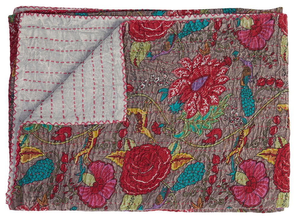 50" X 70" Gray And Yellow Floral Cotton Quilted Kantha Throw Blanket with Embroidery
