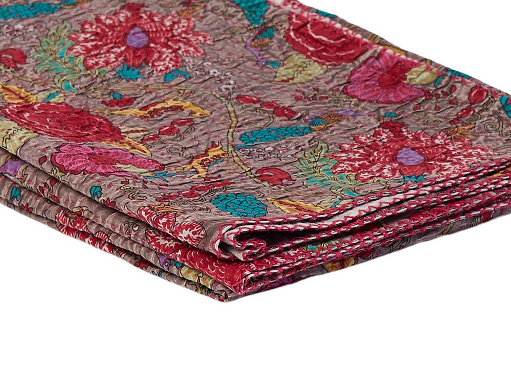 50" X 70" Gray And Yellow Floral Cotton Quilted Kantha Throw Blanket with Embroidery