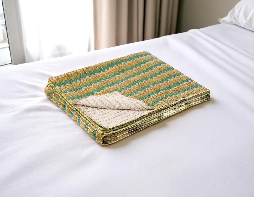 50" X 70" Gray And Yellow Floral Cotton Quilted Kantha Throw Blanket with Embroidery