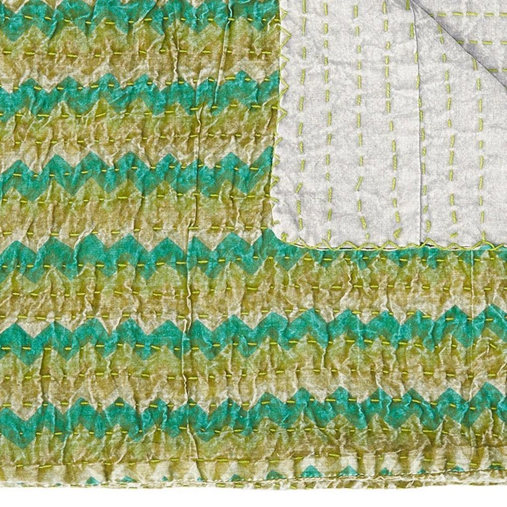 50" X 70" Gray And Yellow Floral Cotton Quilted Kantha Throw Blanket with Embroidery