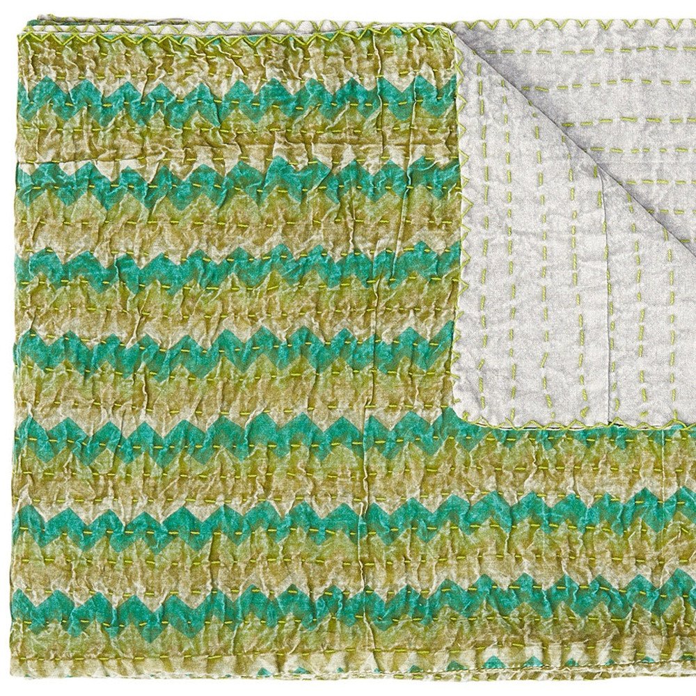 50" X 70" Gray And Yellow Floral Cotton Quilted Kantha Throw Blanket with Embroidery