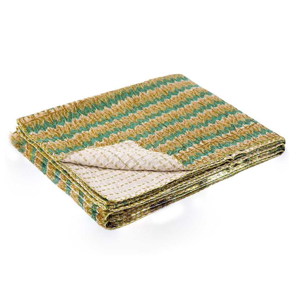 50" X 70" Gray And Yellow Floral Cotton Quilted Kantha Throw Blanket with Embroidery