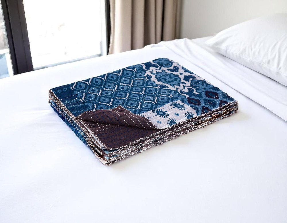 50" X 70" Blue And Pink Floral Cotton Quilted Kantha Throw Blanket with Embroidery