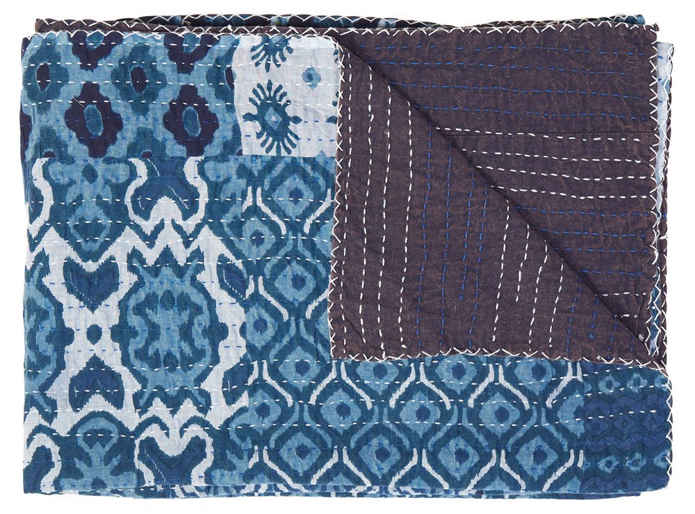 50" X 70" Blue And Pink Floral Cotton Quilted Kantha Throw Blanket with Embroidery