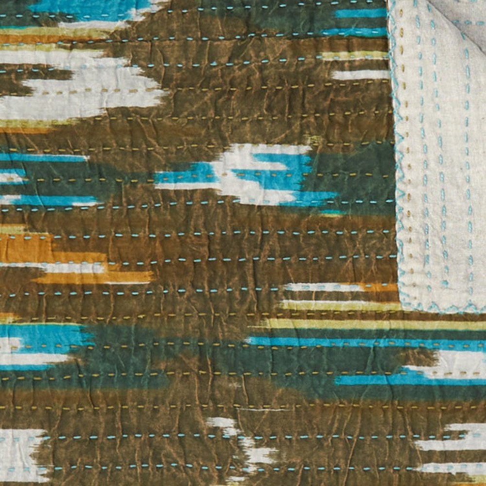 50" X 70" Brown And Blue Ikat Cotton Quilted Kantha Throw Blanket with Embroidery