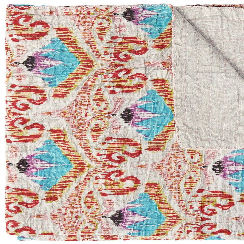 50" X 70" Brown And Pink Floral Cotton Quilted Kantha Throw Blanket with Embroidery