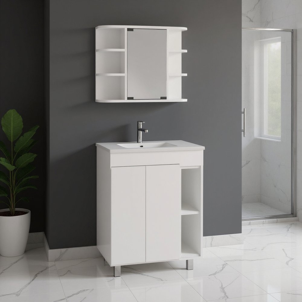 24" White Wood Freestanding Bathroom Vanity With Sink And Medicine Cabinet With Mirror
